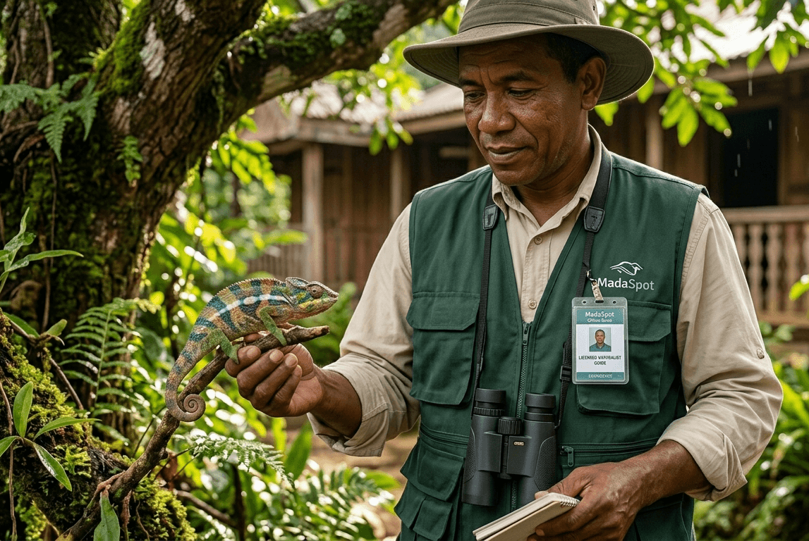 Guide malgache montrant la faune locale aux voyageurs